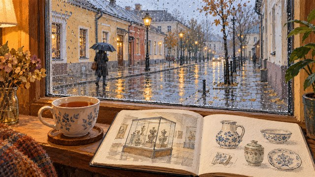 Иллюстрация чашки чая у окна в дождливый день