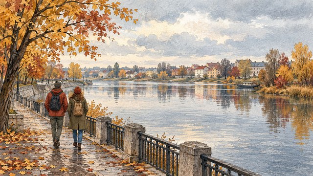Иллюстрация осенней прогулки у воды в Пинске